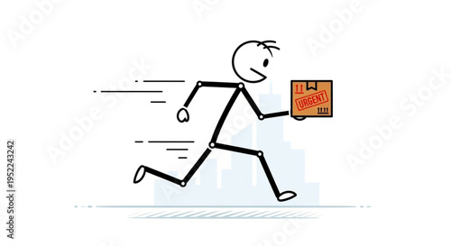 Stick figure running fast with a package delivery.