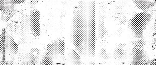 Black and white halftone pattern with distressed grunge textures and scattered ink spots