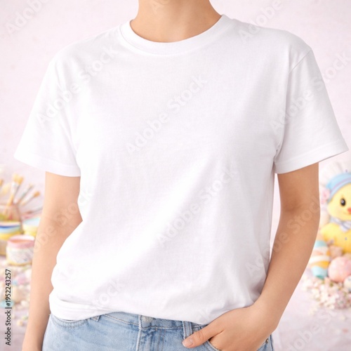 Kid Wearing Blank White T Shirt Mockup Pastel Craft Background