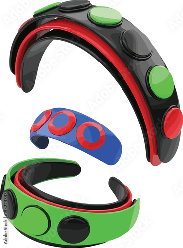 Colorful modern wearable wristbands with circular button design, stylish futuristic accessories, tech-inspired bracelet set for fashion, fitness, and lifestyle presentation