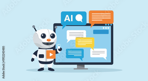 Vector illustration of robot with chat bubbles on computer screen