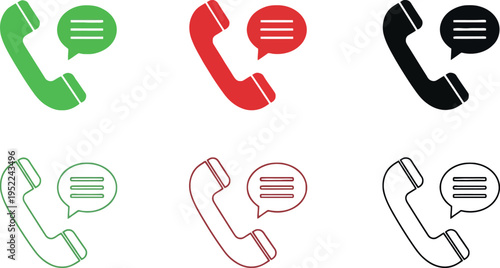 Set of 6 Phone Call and Message Icons Vector in Green, Red, and Black for Communication