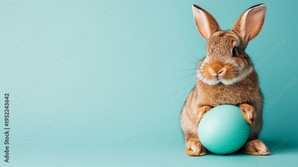 Obraz premium Charming photorealistic fluffy rabbit embracing a colorfully painted egg in soft pastel setting
