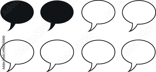 Set of 8 speech bubble icons vector in black and white for communication design