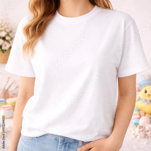 Woman Wearing Blank White T Shirt Mockup Pastel Craft Background