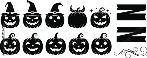 halloween, pumpkin, silhouette, set, witch, hat, jack, o, lantern, spooky, scary, autumn, october, horror, decoration, black, icon, vector, illustration, collection