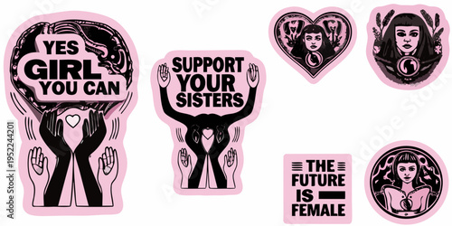 Feminist sticker set with empowering messages and illustrative designs