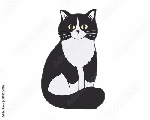 A charming illustration of a black and white tuxedo cat sitting calmly