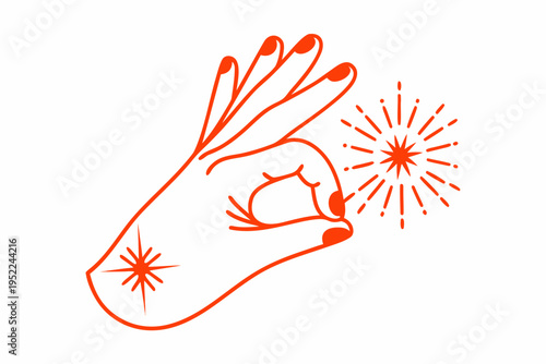 A stylized orange hand making the ok sign with starbursts