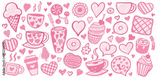 A collection of pink hand drawn sweets drinks and heart motifs