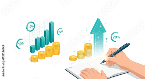Financial growth illustration with charts coins and a writing hand