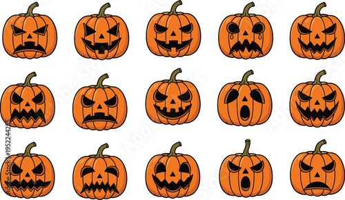 halloween, pumpkin, faces, set, jack, o, lantern, spooky, scary, carved, pumpkins, autumn, october, holiday, decoration, creepy, cartoon, illustration, festive, collection