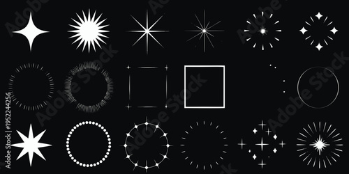 Collection of abstract white starbursts shapes and sparkling light effects