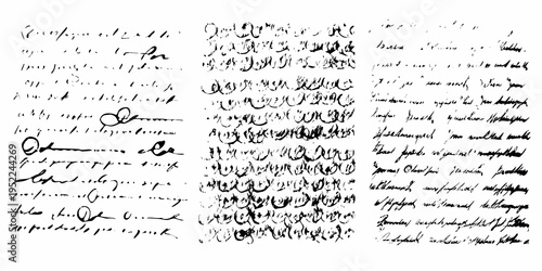 Collection of antique handwritten text samples on aged paper background