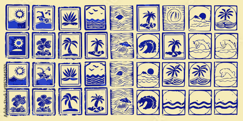 Collection of blue and white illustrated cards with tropical and arctic themes