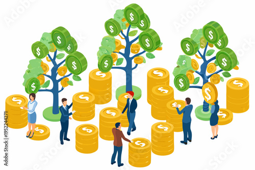 Isometric illustration depicting financial growth with money trees and people
