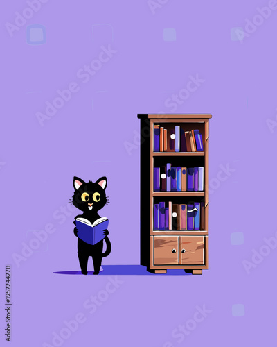 A charming black cat intently reading a book near a bookshelf
