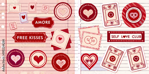 Foto Valentine s day themed stickers and cards scattered on lined paper