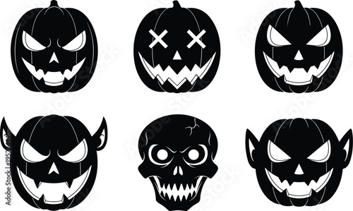 halloween, pumpkin, skull, monster, faces, spooky, scary, silhouette, jack, o, lantern, horror, icon, set, black, creepy, october, decoration, vector, collection