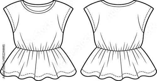 Flat vector CAD drawing of sleeveless girls top with elastic waist and wavy hem, children fashion sketch, technical apparel illustration