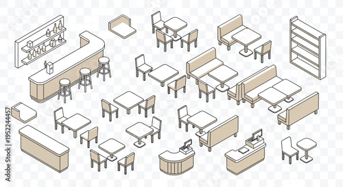 Isometric illustration of a cafe or restaurant furniture arrangement