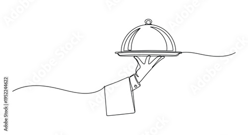 Elegant line art depicts a hand presenting a covered dish on a platter