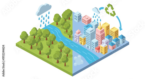 A split isometric view depicting nature and a vibrant cityscape