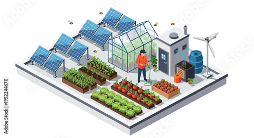 Sustainable farming illustration featuring solar panels greenhouse and wind turbine