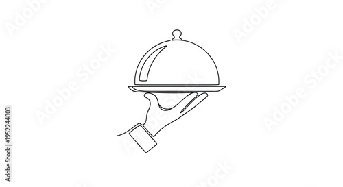 A single line drawing depicts a hand holding a covered serving dish