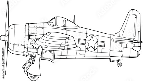 Grumman F8F Bearcat outline vector vintage fighter aircraft drawing