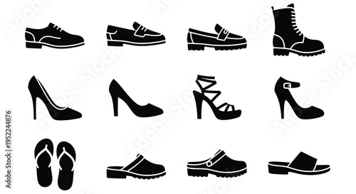 Collection of various footwear silhouettes in a minimalist black style