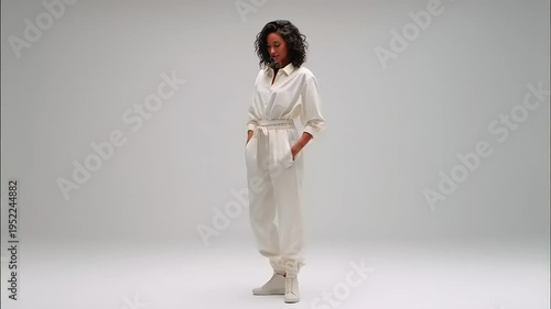 Model showcases stylish white jumpsuit in bright studio setting with seamless loop