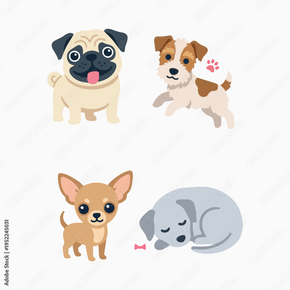 Fototapeta premium Cute Cartoon Dog Breeds Illustrations Set