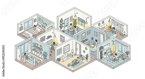 Isometric illustration depicts various room interiors and people working inside