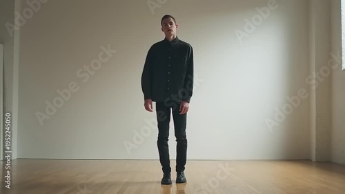 Model walks confidently across empty room interior with seamless loop