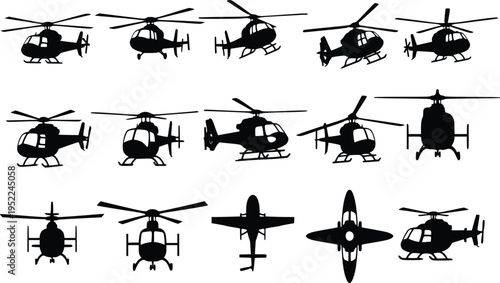 Helicopter silhouette set flying aircraft vector icon collection