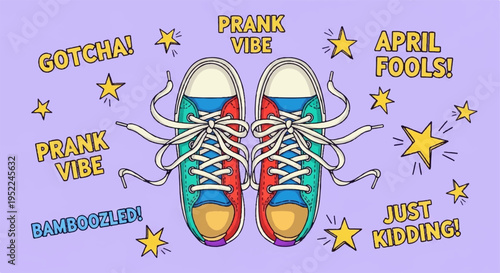 Colorful sneakers with prank and april fools' day theme surrounded by stars and humorous text on purple background