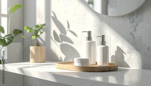 Minimalist bathroom scene with skincare products and natural light.