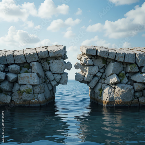 Stone bridge with missing puzzle piece over water. Represents a gap in connection or missing link. Symbolizes challenge or problem needing solution.
