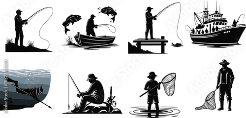 Fishing silhouettes collection, anglers catching fish, boat and shore fishing scenes, marine activity, outdoor hobby, isolated black illustration set