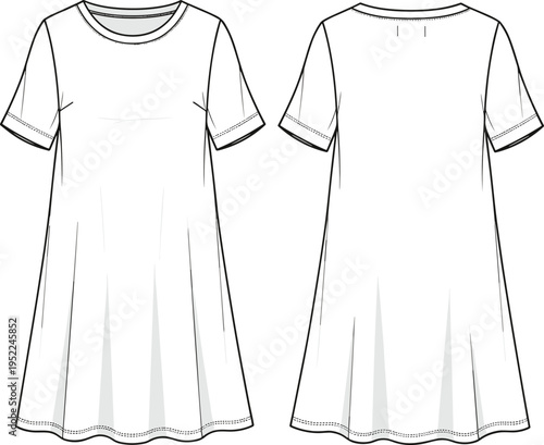 A-line t-shirt dress flat sketch front and back, fashion CAD drawing, vector illustration, technical clothing template for women wear.