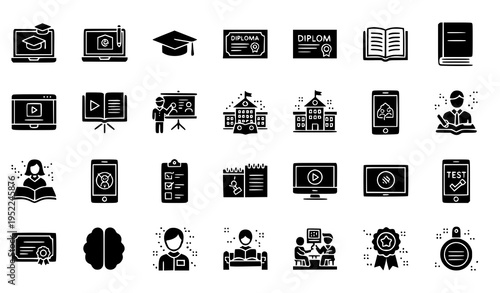 E Learning Glyph Solid Icons with Education School Tutorial Seminar and Online Course Symbols Vector
