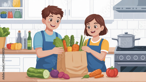 Happy couple preparing fresh vegetables in kitchen cooking together with brown paper bag