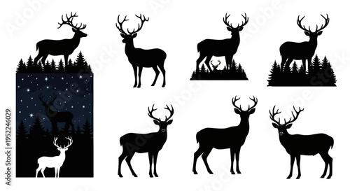 Four deer designs with forest backgrounds on transparent background silhouette