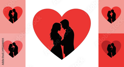 Romantic couple silhouettes within red hearts on transparent background