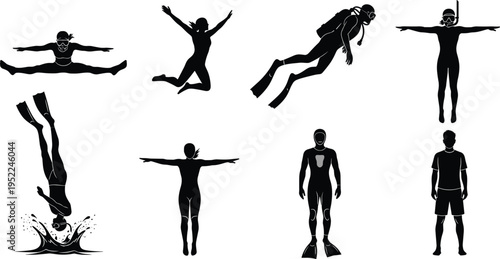 Diving silhouettes collection, scuba divers and swimmers poses, underwater sport activities, swimming and diving actions, isolated black illustration set