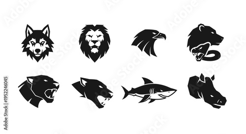 Animal head silhouettes collection with diverse species on transparent background