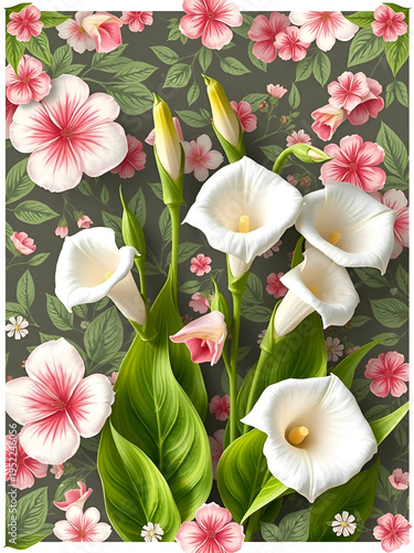 Floral background. Callas. Flowers. Petals. Border. Green leaves. Flower pattern. White.