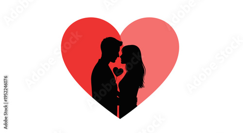 Couple embracing within a red heart shape on transparent background silhouette