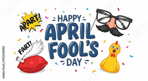 April fool's day celebration with funny props and confetti on white background